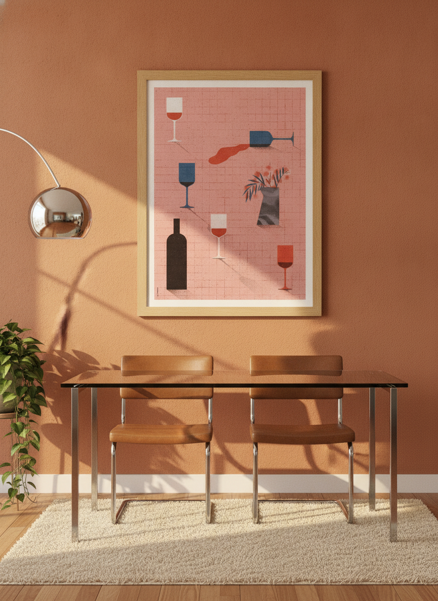 Modern wall art print styled on the wall in a retro 70s dining room