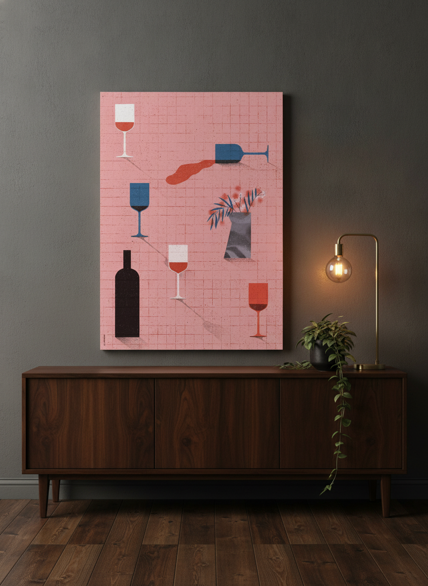 Stretched canvas wall art standing on a sideboard in a moody living room