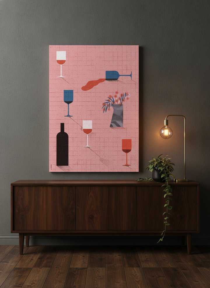 Stretched canvas wall art standing on a sideboard in a moody living room