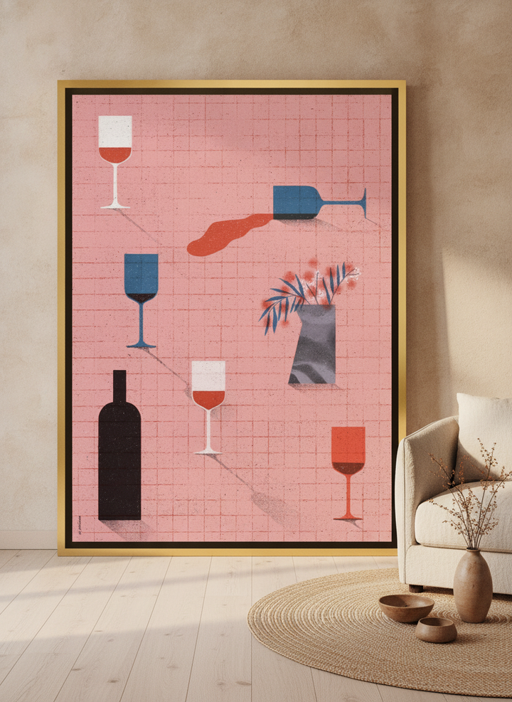Oversized statement canvas wall art with a gold leaf surround leaning against the wall in a warm Japandi living room