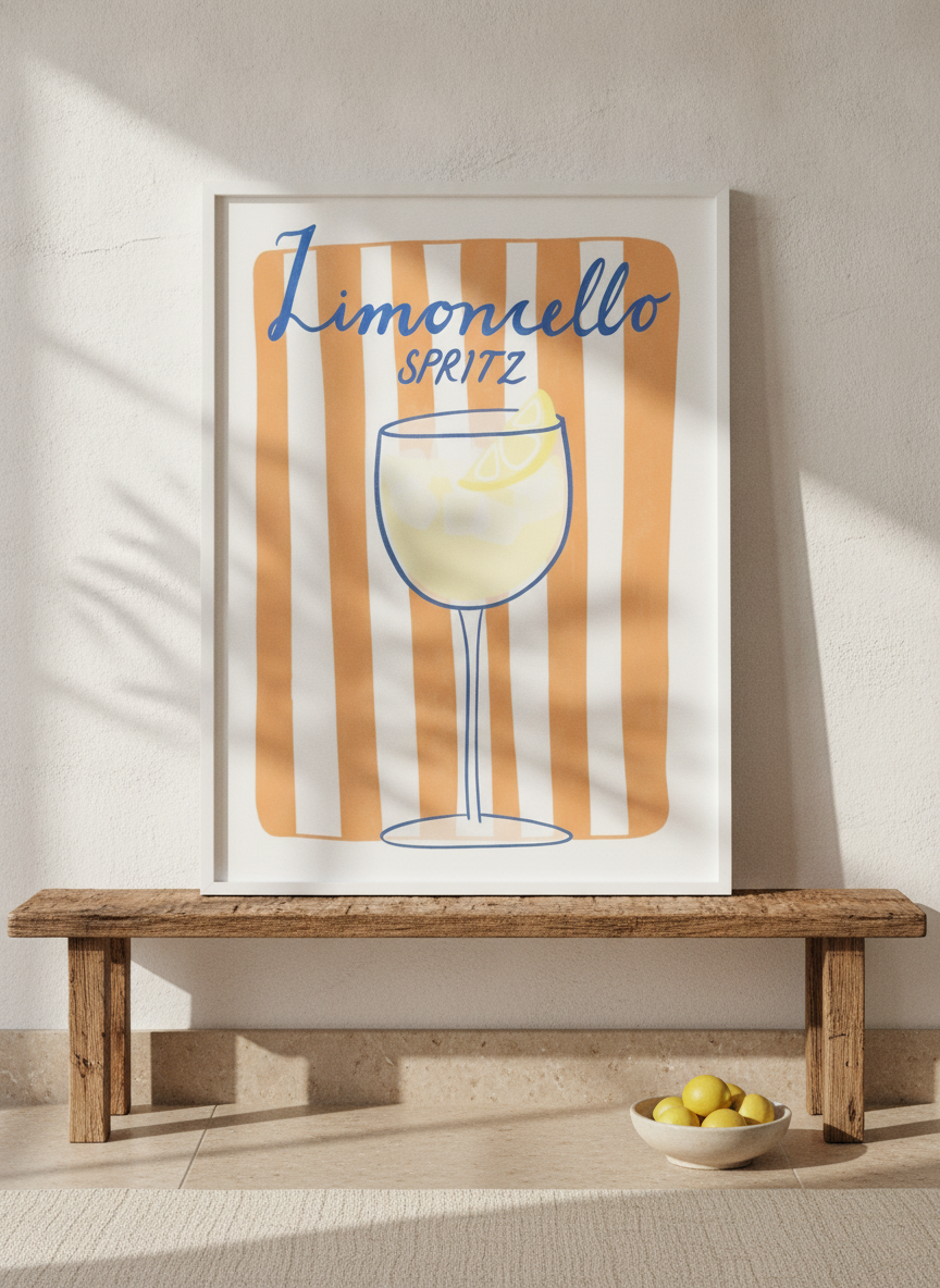 Modern wall art print standing on a bench in a Mediterranean living room