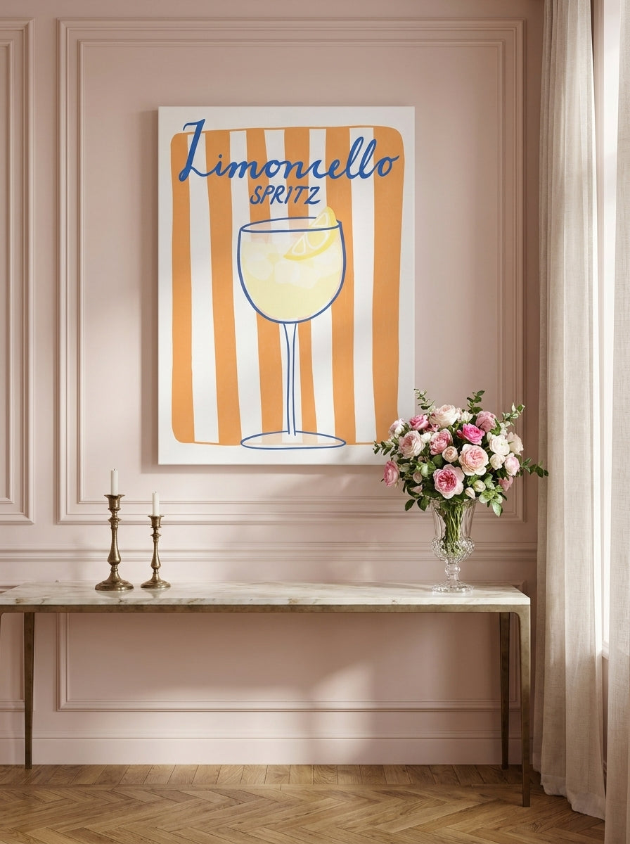 Stretched canvas wall art styled on the wall in a Parisian living room