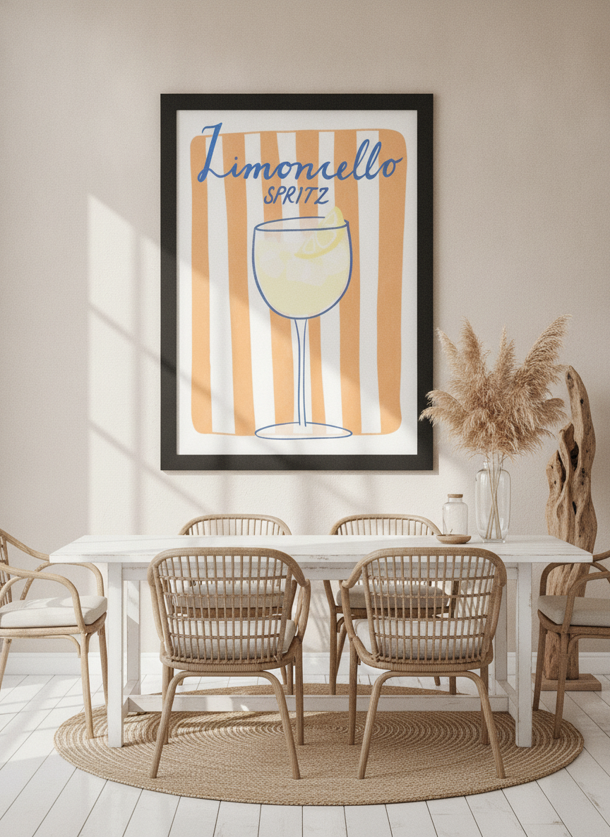 Oversized statement modern wall art print styled on the wall in a coastal dining room