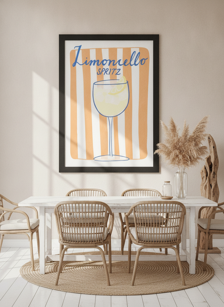 Oversized statement modern wall art print styled on the wall in a coastal dining room