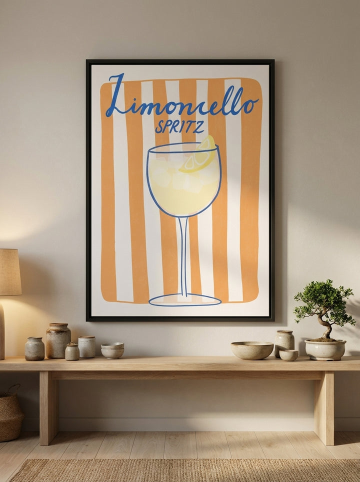 Canvas wall art with a black surround styled on the wall in a warm Japandi kitchen