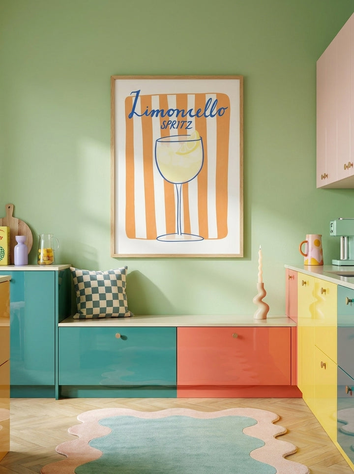 Modern wall art print styled on the wall in a colourful eclectic kitchen