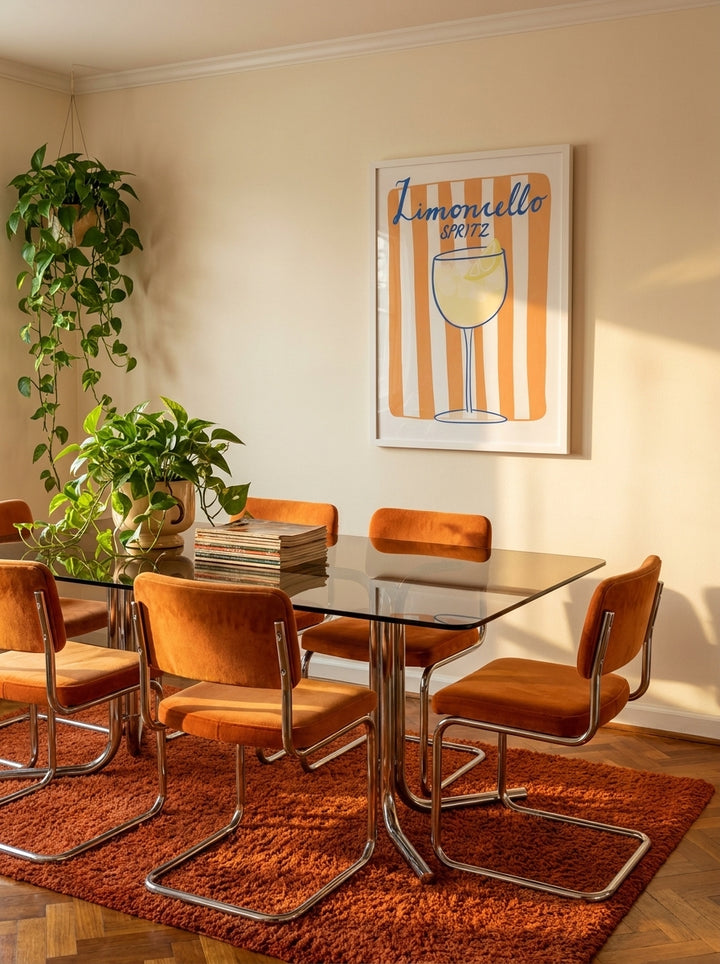 Modern wall art print styled on the wall in a retro 70s dining room