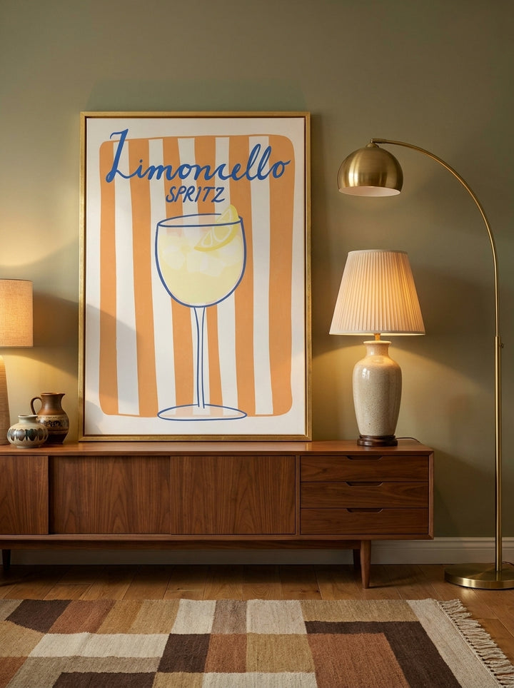 Canvas wall art with a gold leaf surround standing on a sideboard in a mid-century living room