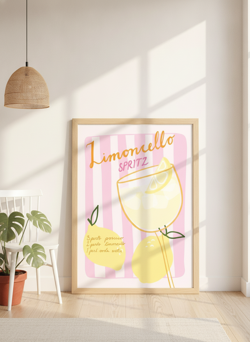 Modern wall art print leaning against the wall in a bright Scandinavian kitchen