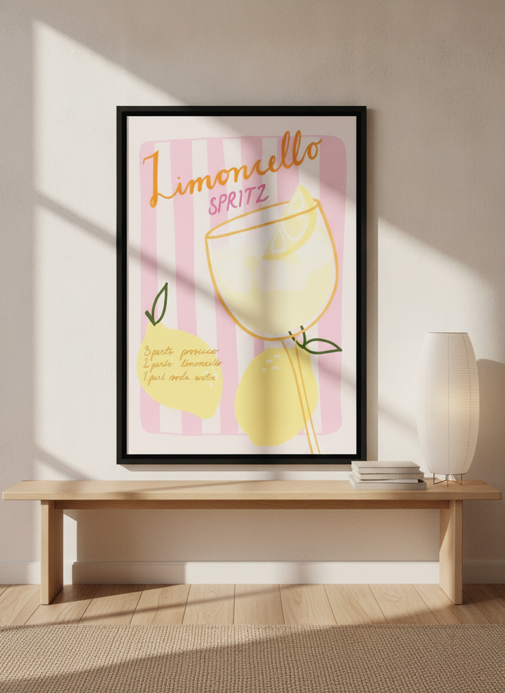 Canvas wall art with a black surround standing on a bench in a warm Japandi living room