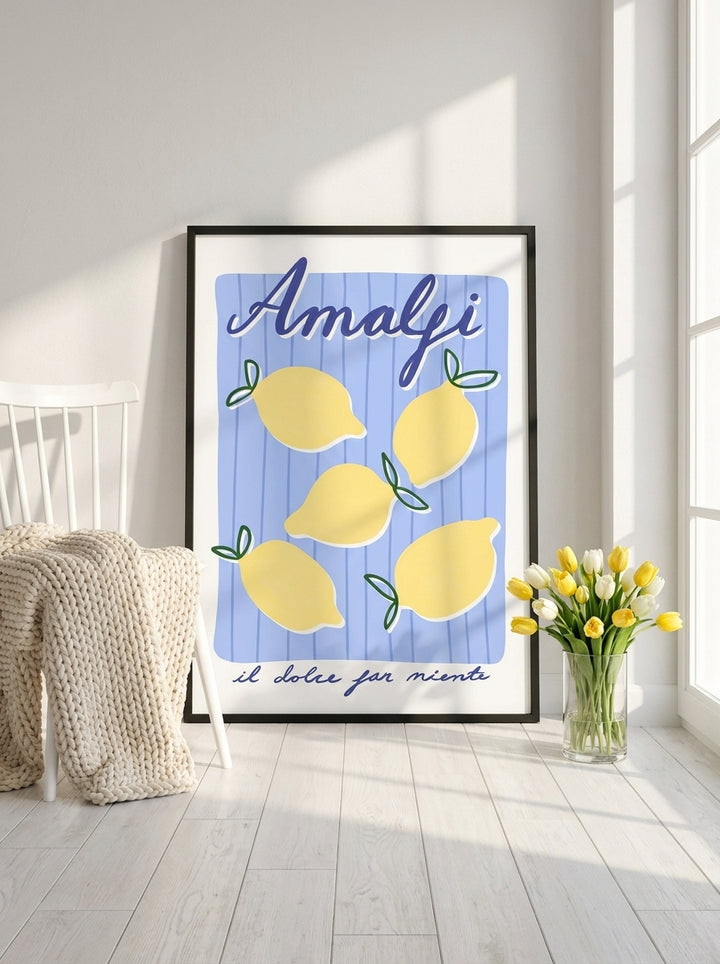 Modern wall art print leaning against the wall in a bright Scandinavian kitchen