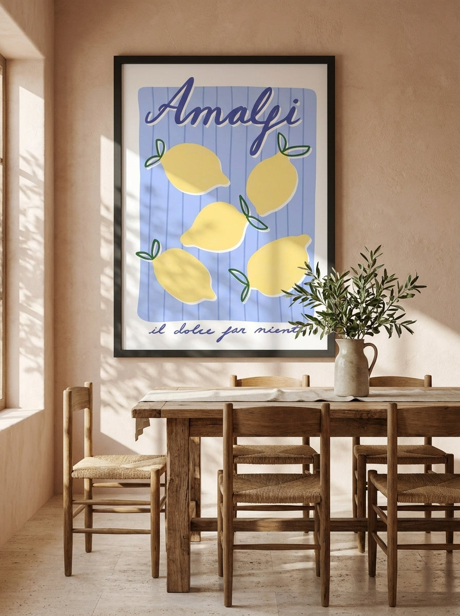 Oversized statement modern wall art print styled on the wall in a Mediterranean dining room
