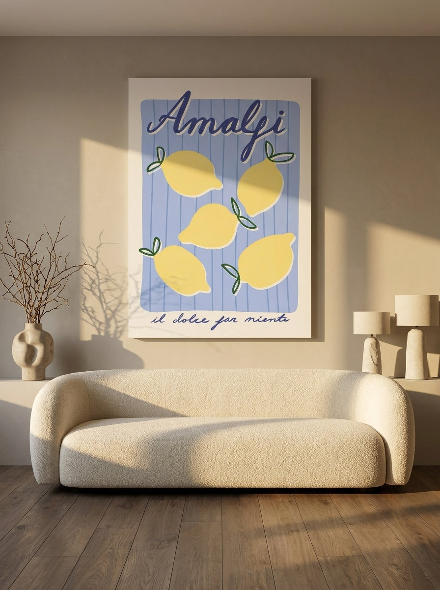 Stretched canvas wall art styled on the wall in a luxe living room