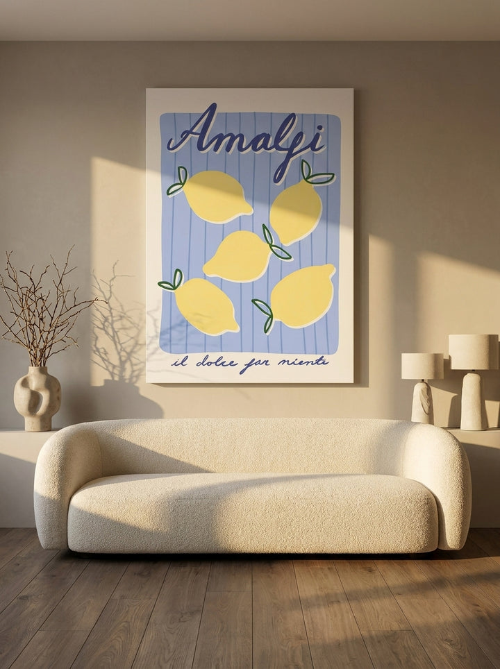Stretched canvas wall art styled on the wall in a luxe living room