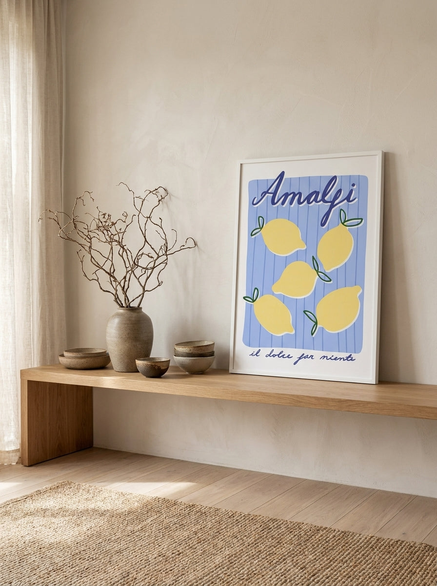 Modern wall art print standing on a shelf in a warm Japandi dining room