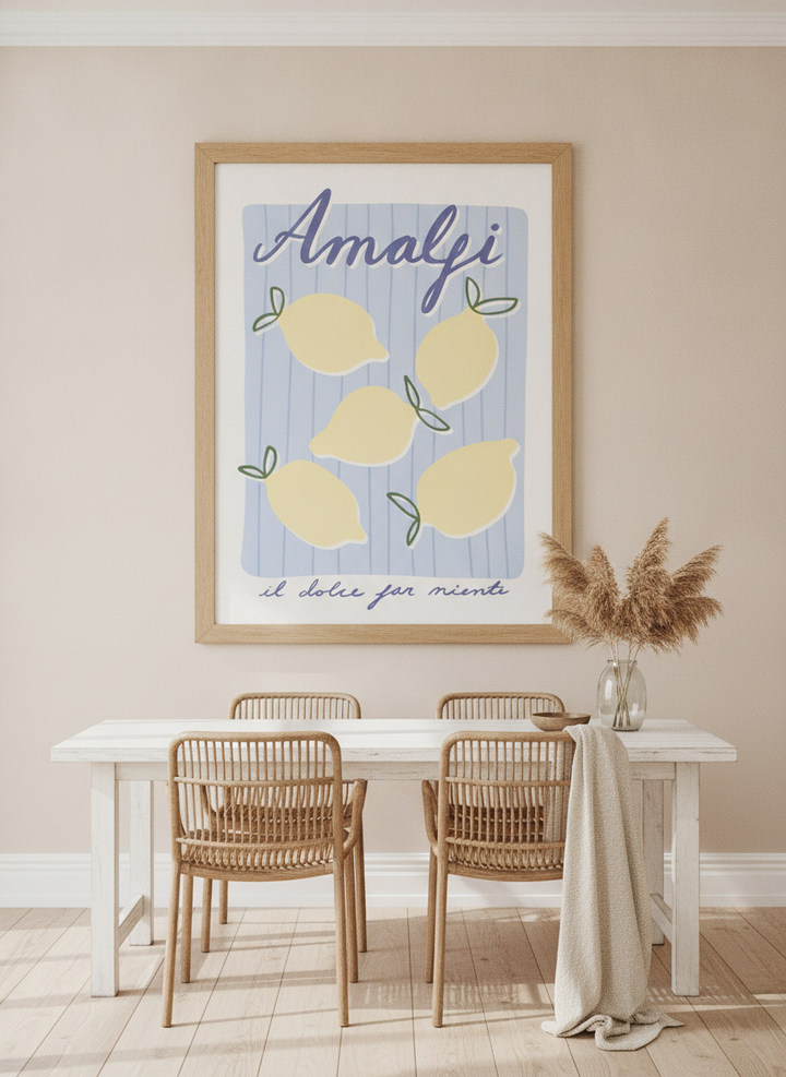 Oversized statement modern wall art print styled on the wall in a coastal dining room