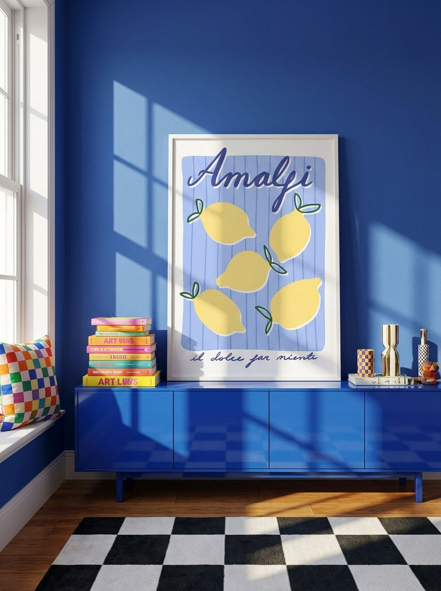 Modern wall art print standing on a sideboard in a colourful eclectic living room