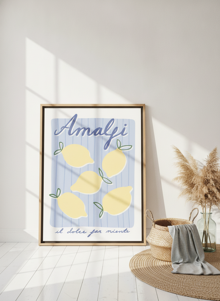 Oversized statement canvas wall art with a natural timber surround leaning against the wall in a coastal living room