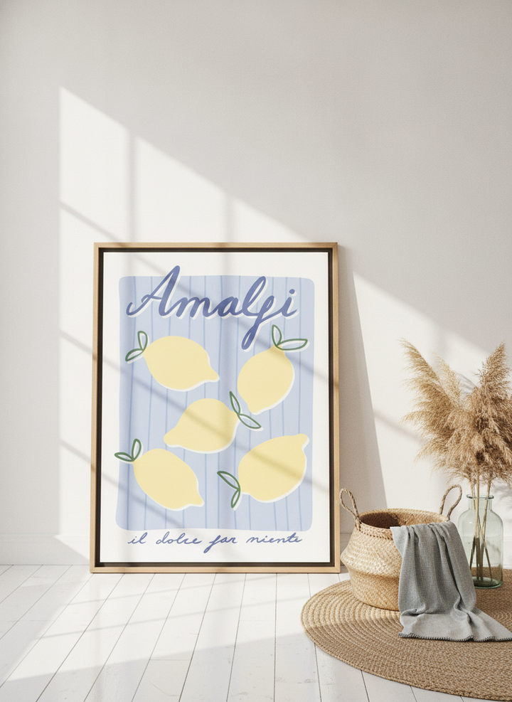 Oversized statement canvas wall art with a natural timber surround leaning against the wall in a coastal living room
