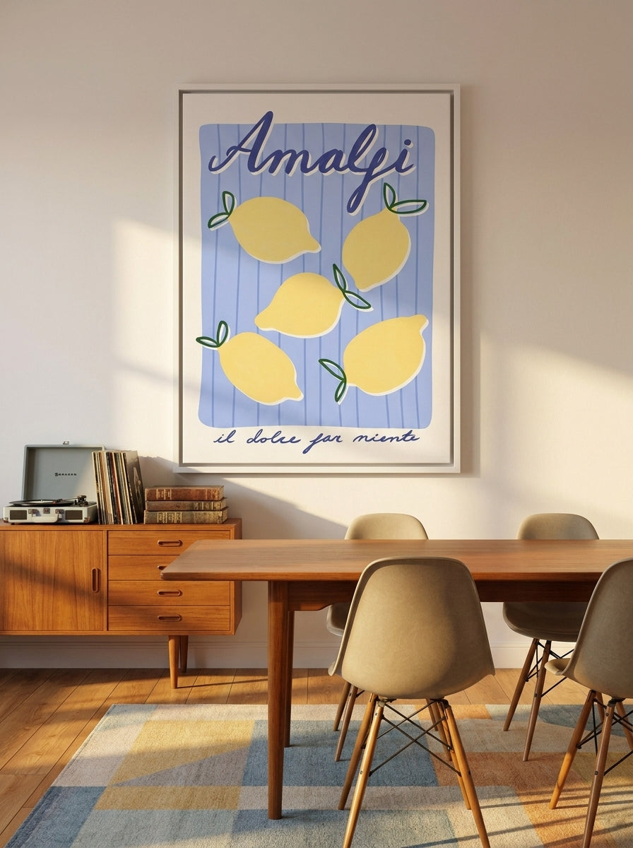 Oversized statement canvas wall art with a white surround styled on the wall in a mid-century dining room