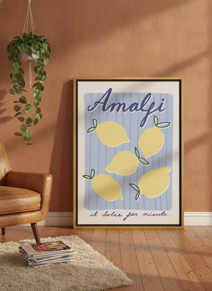 Canvas wall art with a gold leaf surround leaning against the wall in a retro 70s living room