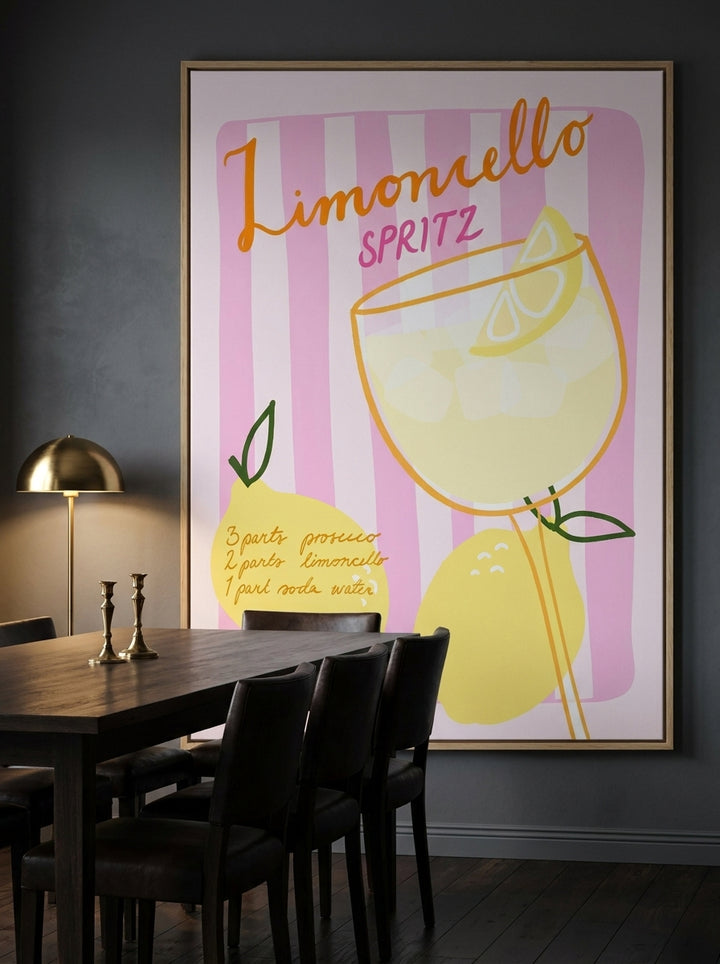 Oversized statement canvas wall art with a natural timber surround styled on the wall in a moody dining room