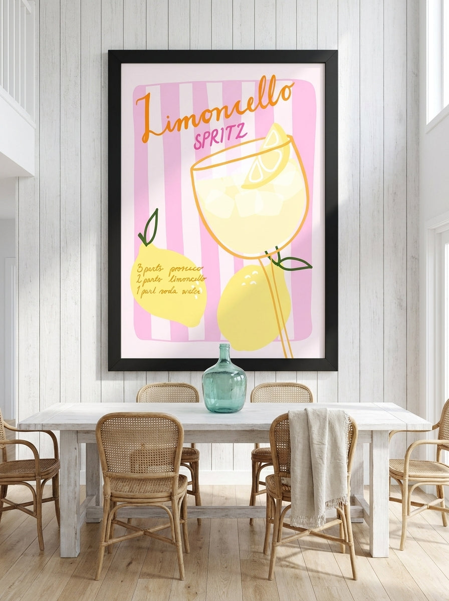 Oversized statement modern wall art print styled on the wall in a coastal dining room