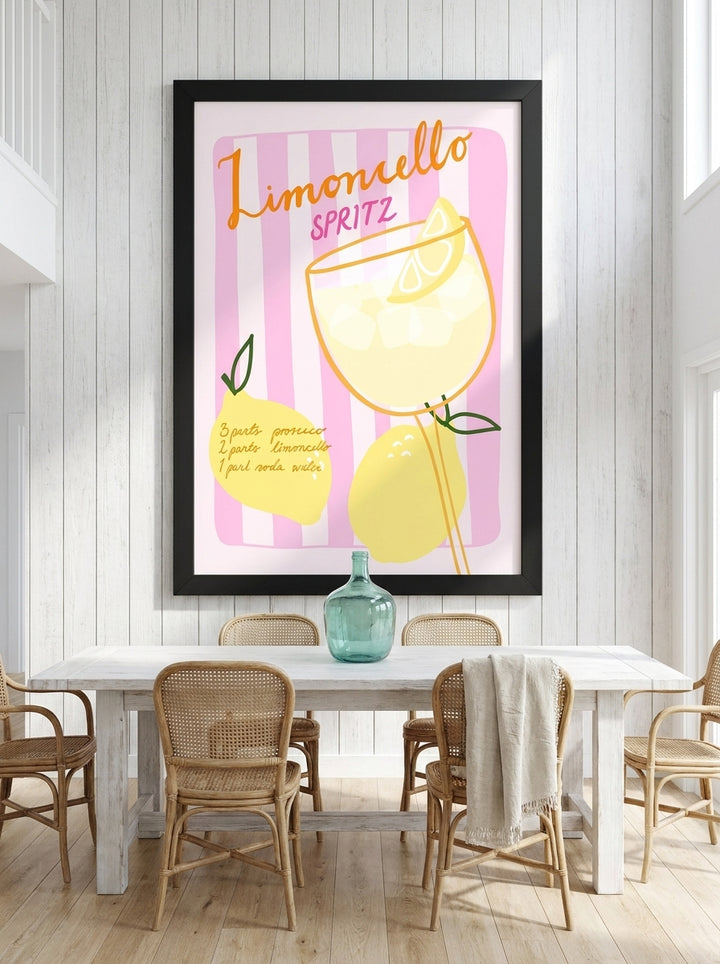 Oversized statement modern wall art print styled on the wall in a coastal dining room