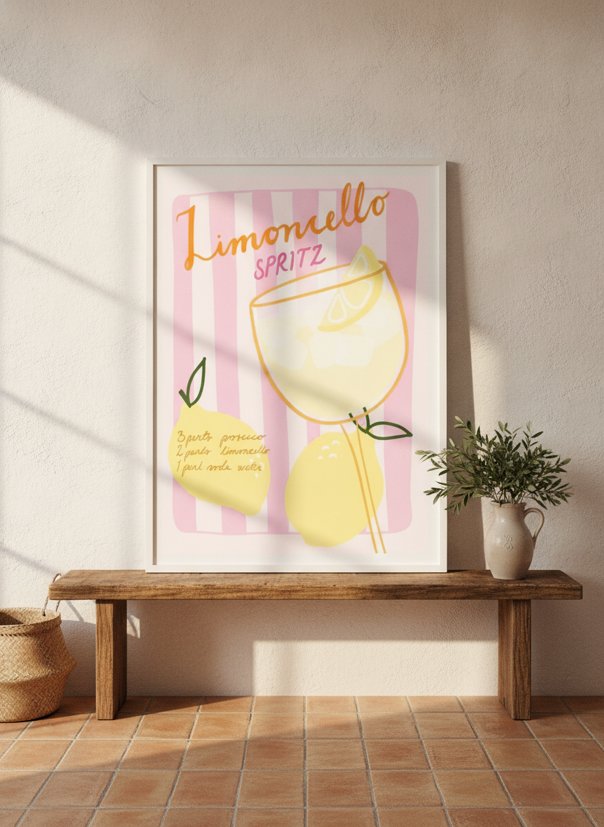 Modern wall art print standing on a bench in a Mediterranean living room