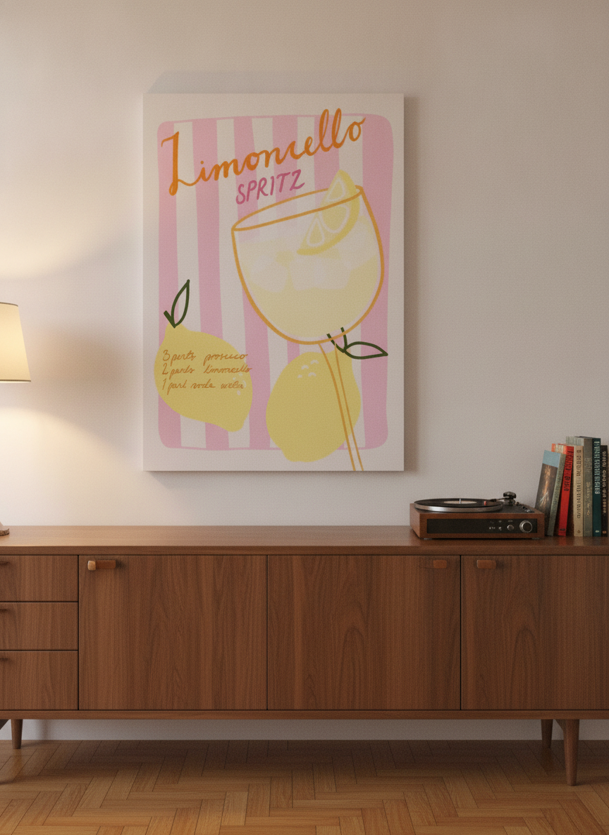 Stretched canvas wall art standing on a kitchen bench in a mid-century kitchen