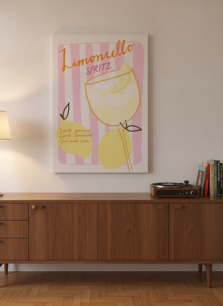 Stretched canvas wall art standing on a kitchen bench in a mid-century kitchen