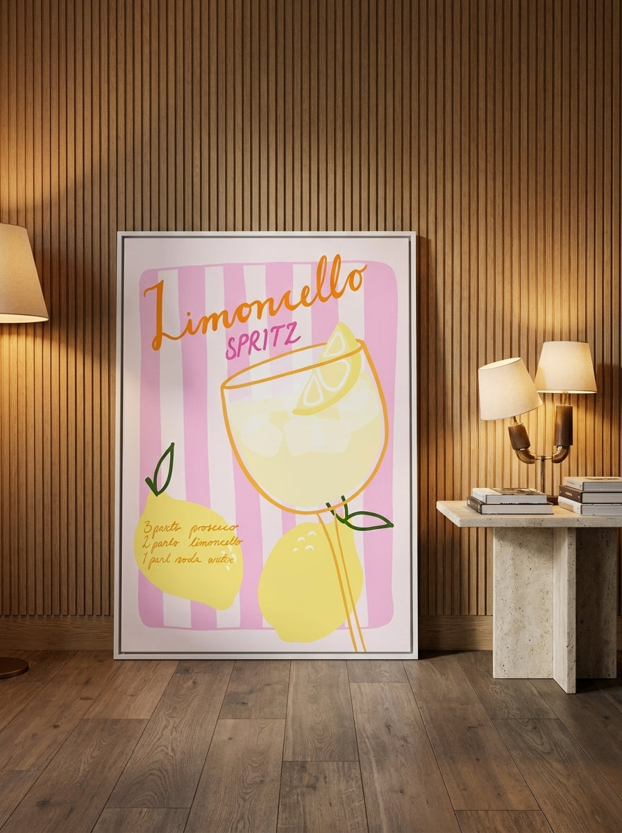Canvas wall art with a white surround leaning against the wall in a luxe kitchen