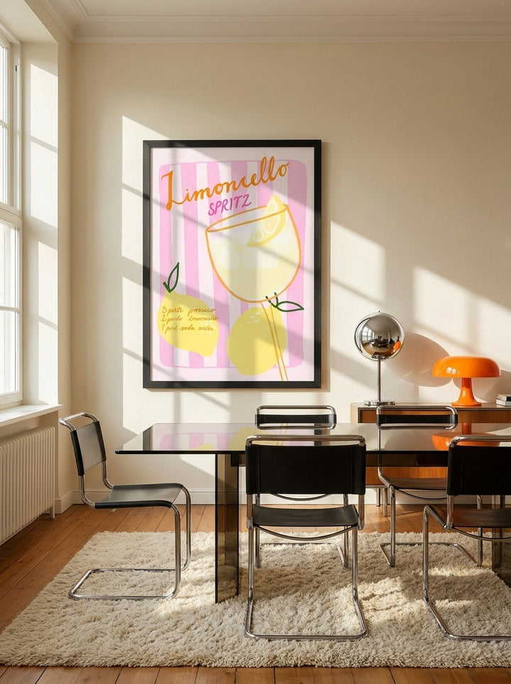 Oversized statement modern wall art print styled on the wall in a retro 70s dining room