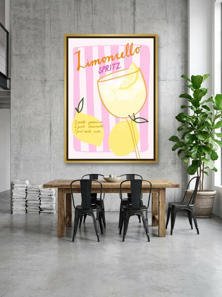 Oversized statement canvas wall art with a gold leaf surround styled on the wall in an industrial loft dining room