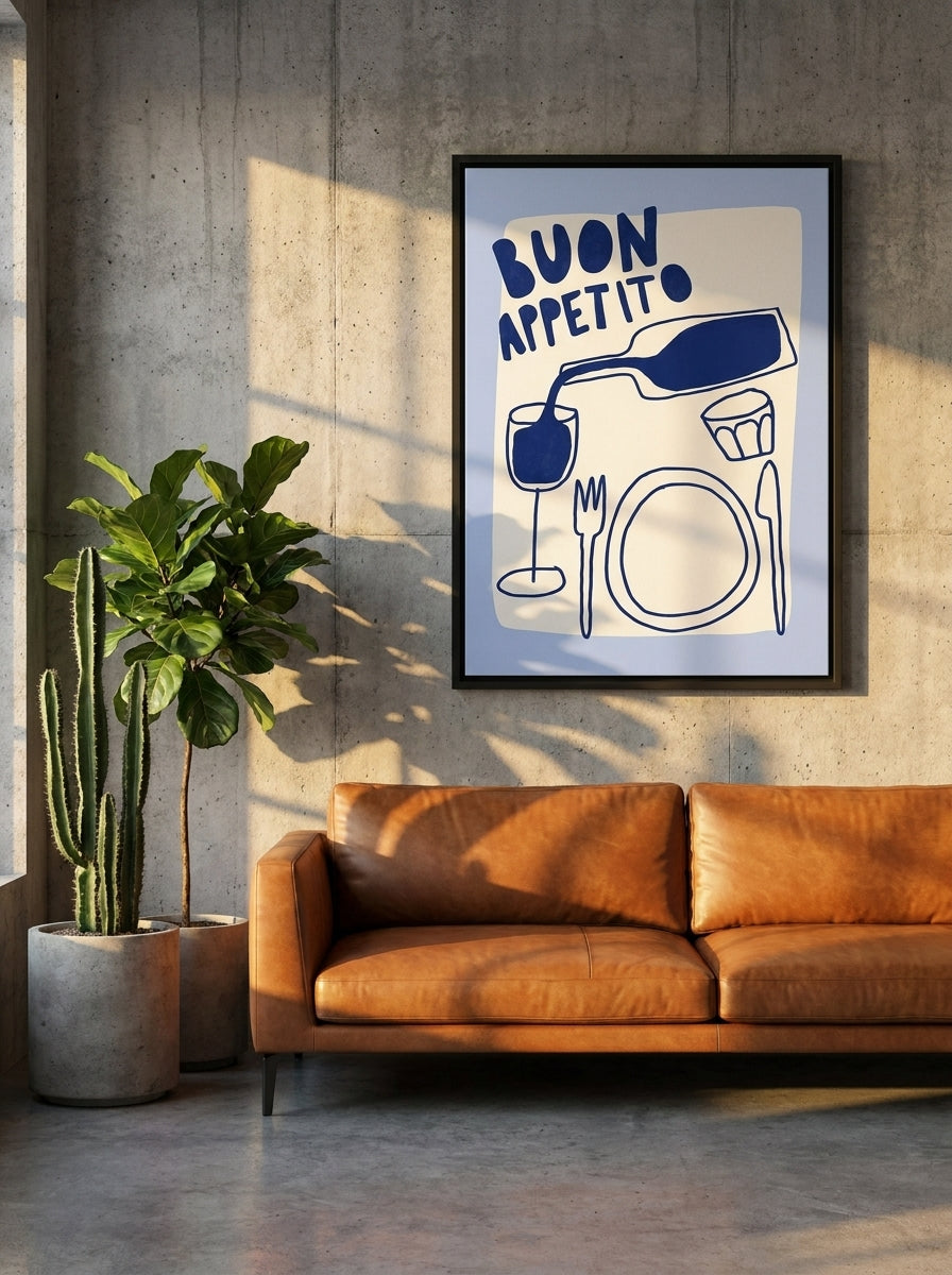 Canvas wall art with a black surround styled on the wall in an industrial loft living room