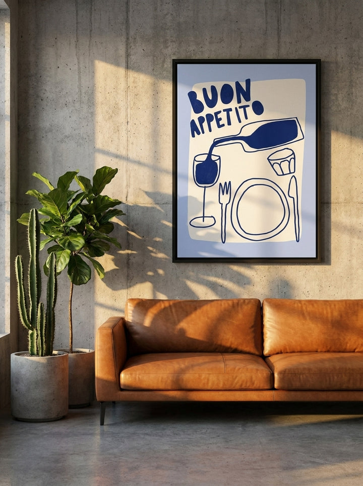 Canvas wall art with a black surround styled on the wall in an industrial loft living room