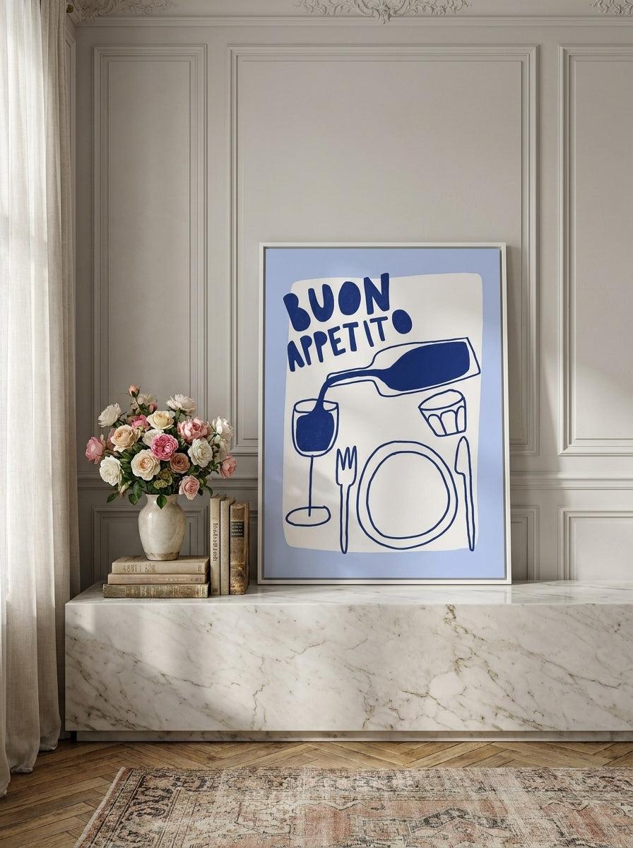 Canvas wall art with a white surround standing on a kitchen bench in a Parisian kitchen
