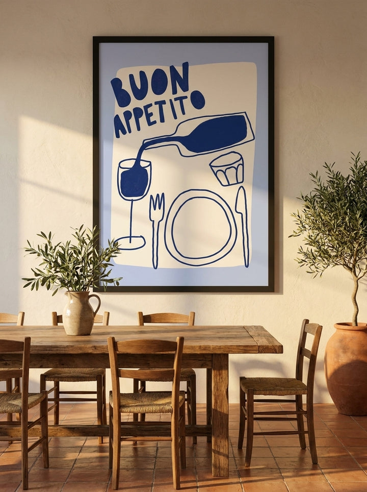 Oversized statement modern wall art print styled on the wall in a Mediterranean dining room
