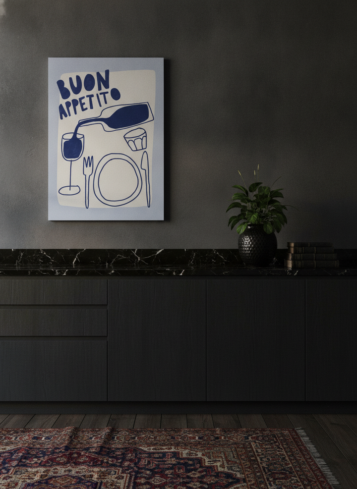 Stretched canvas wall art styled on the wall in a moody kitchen
