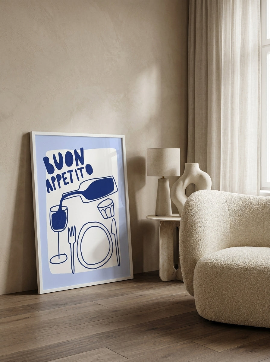 Modern wall art print leaning against the wall in a luxe living room