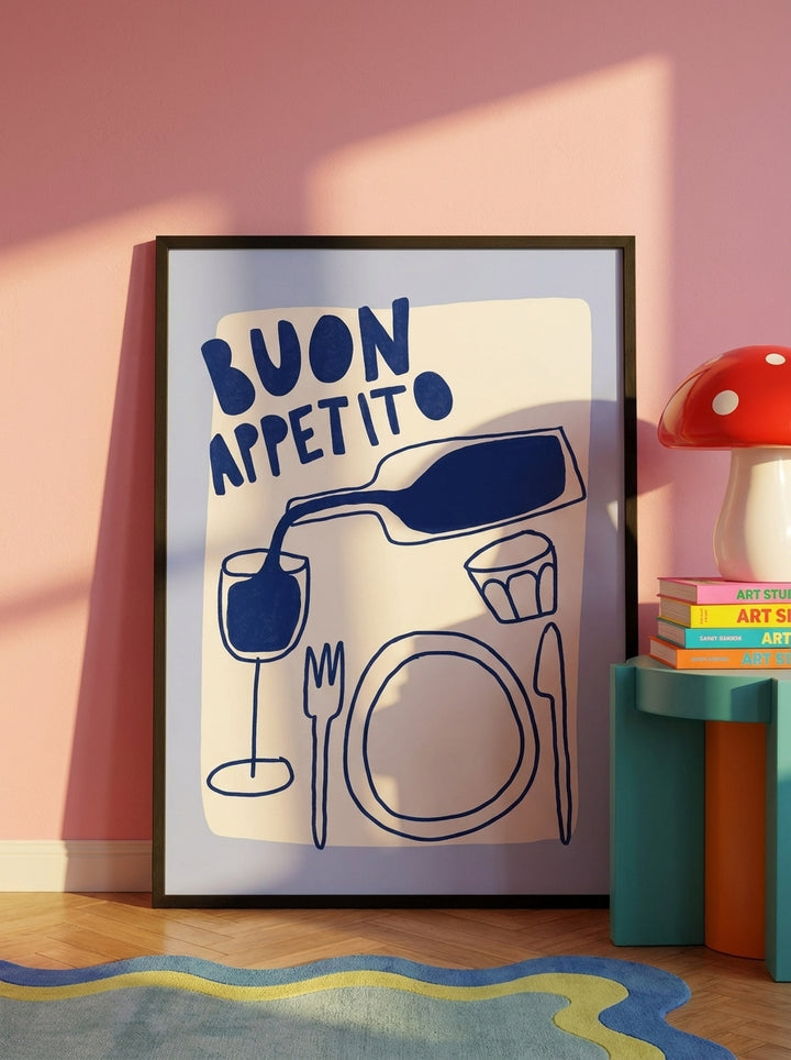 Oversized statement modern wall art print leaning against the wall in a colourful eclectic dining room