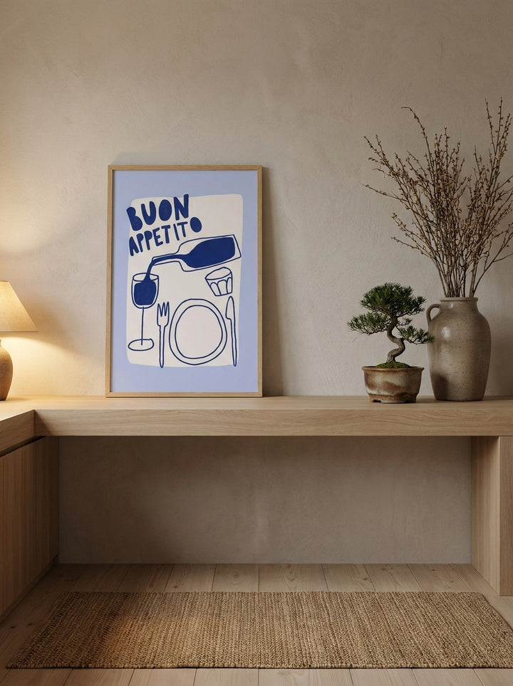 Modern wall art print standing on a kitchen bench in a warm Japandi kitchen