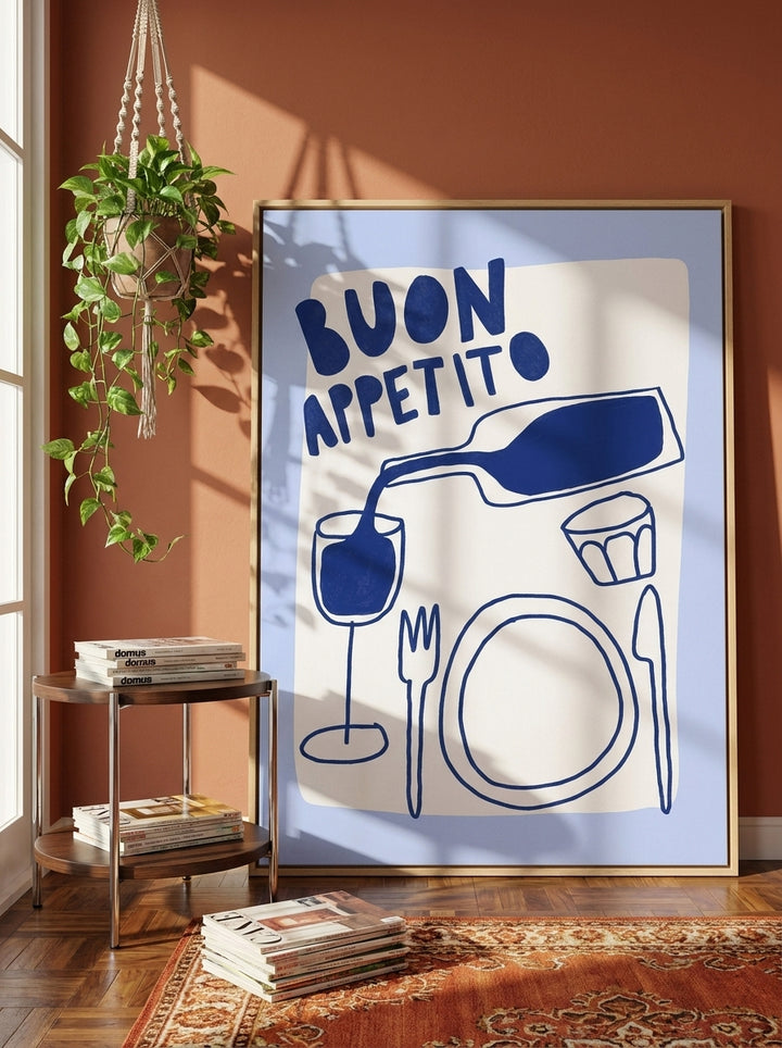 Oversized statement canvas wall art with a natural timber surround leaning against the wall in a retro 70s dining room