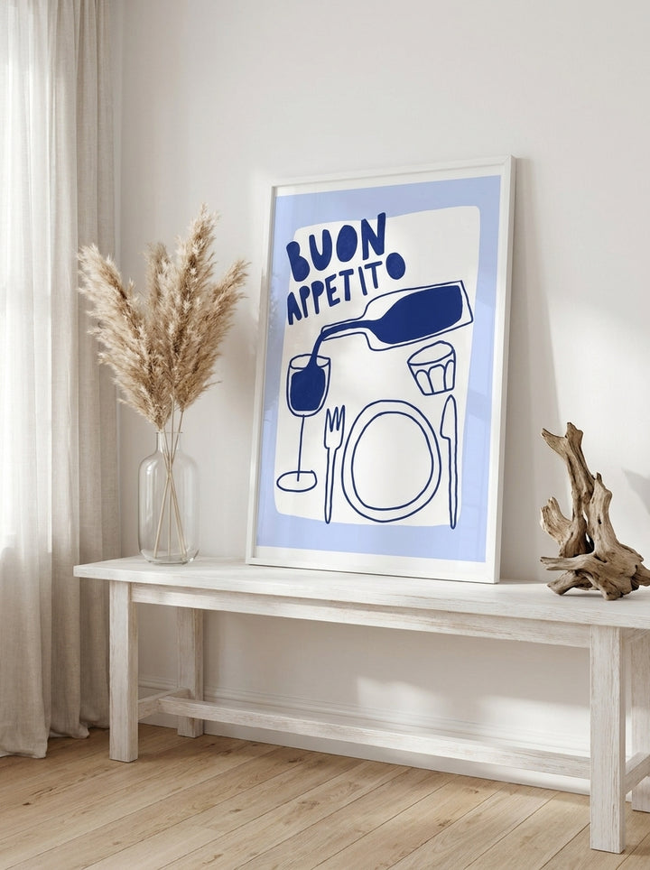 Modern wall art print standing on a console in a coastal living room