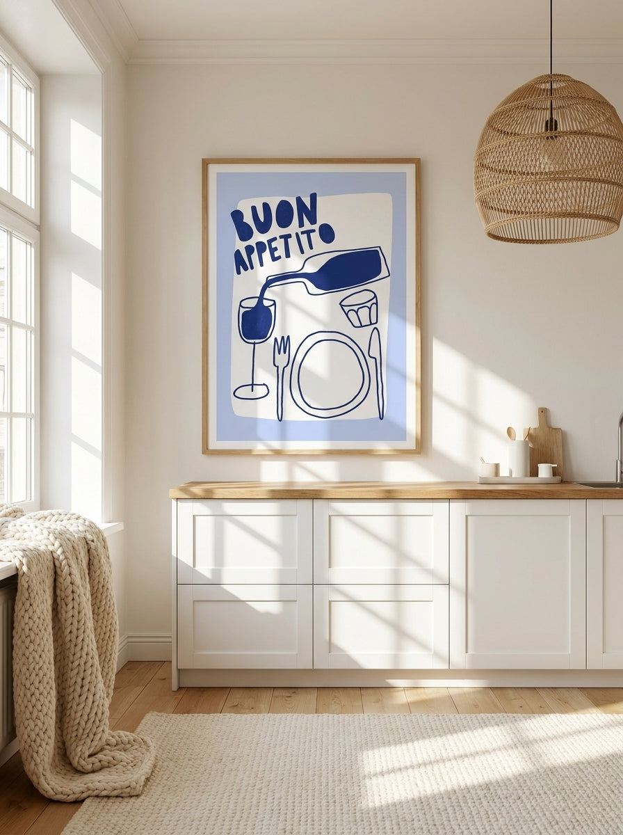 Modern wall art print styled on the wall in a bright Scandinavian kitchen