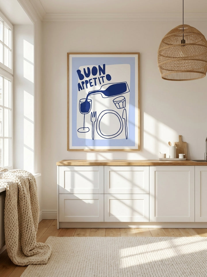 Modern wall art print styled on the wall in a bright Scandinavian kitchen
