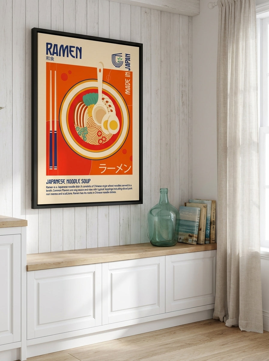 Canvas wall art with a black surround styled on the wall in a coastal kitchen