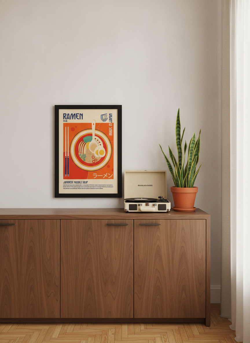 Modern wall art print standing on a kitchen bench in a mid-century kitchen