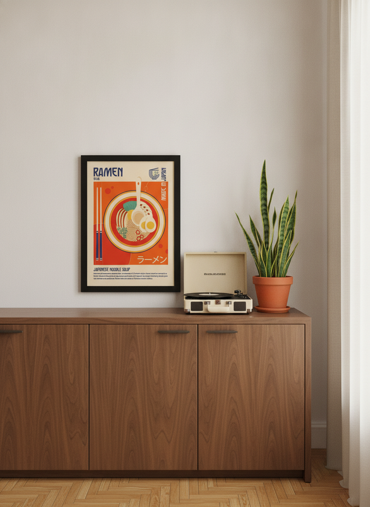 Modern wall art print standing on a kitchen bench in a mid-century kitchen