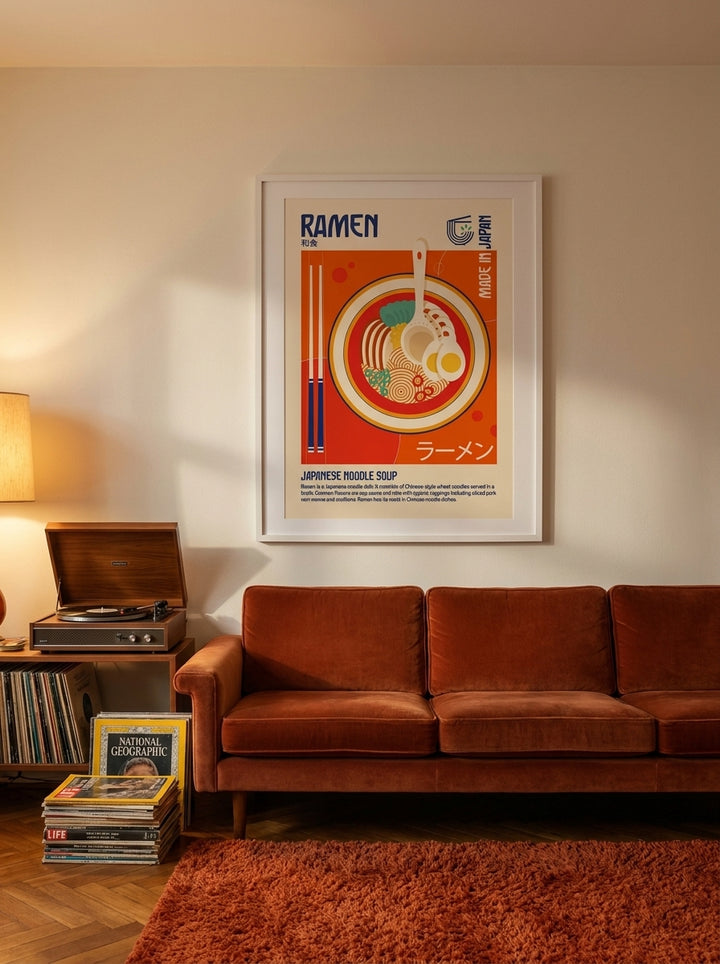 Modern wall art print styled on the wall in a retro 70s living room